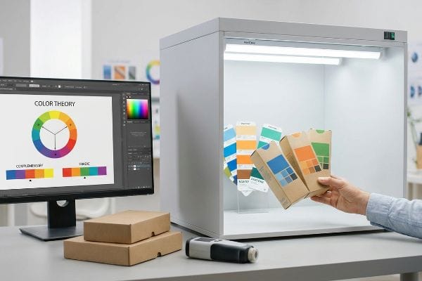 Cardboard boxes with color swatches are held in a Pantone D50 light booth, with a monitor showing Color Theory and a colorimeter.