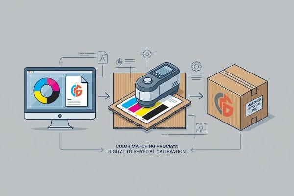 电脑显示CMYK设计图。分光光度计测量瓦楞纸上的CMYK色值。包装盒上印有“Matched Physical Ink”（匹配的物理油墨）和“CG”标志。.