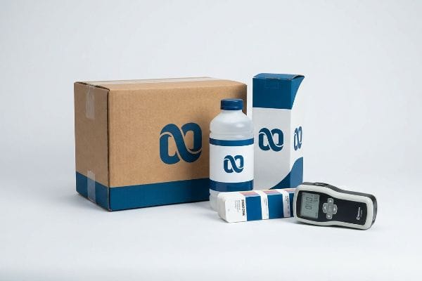 Brown box, bottle, and packaging with blue infinity logo, a DEMIORA test strip, and a digital Delta-E colorimeter.