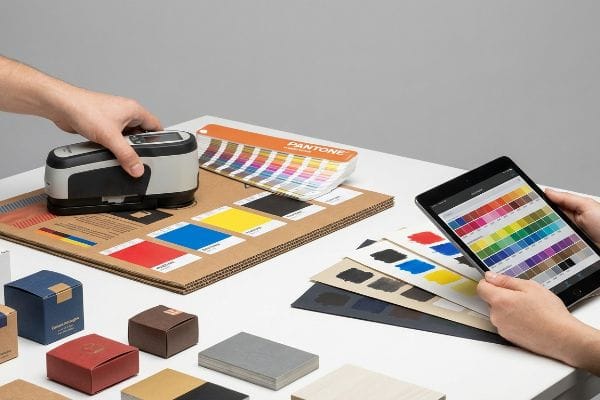 Un colorímetro mide las muestras de color Pantone sobre cartón ondulado, mientras que una tableta muestra una paleta de colores digital para el embalaje.
