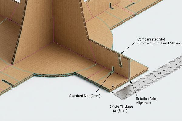 Corrugated B-flute cardboard detail showing a Compensated Slot (2mm + 1.5mm Bend Allowance) and a Standard Slot (2mm), with a ruler measuring 3mm B-flute Thickness for Rotation Axis Alignment.