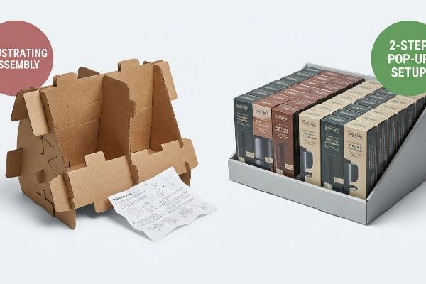 Brown corrugated cardboard display unit in a complex, unassembled state with assembly instructions, illustrating 'Frustrating Assembly' for retail workers.