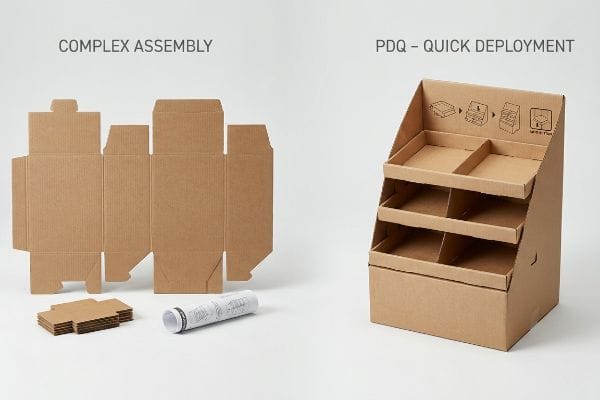 Brown corrugated cardboard shows a flat-packed dieline for 