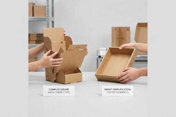 Brown corrugated cardboard box dieline being assembled by hands, labeled 