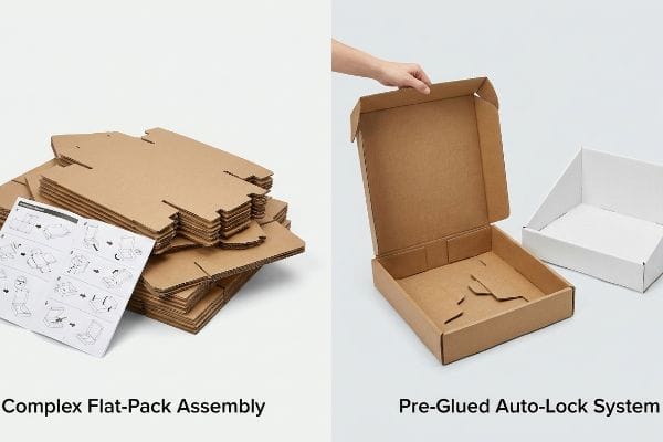 Brown flat-pack cardboard with Complex Flat-Pack Assembly manual, contrasted by a hand assembling a Pre-Glued Auto-Lock System box.
