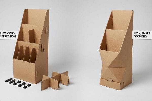 Natural brown corrugated cardboard displays contrasting a Complex, Over-Engineered BOM with plastic clips and dividers, against a Lean, Smart Geometry design.