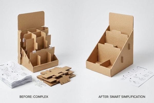 Cardboard POP displays contrasting Before: Complex assembly with many parts and manuals, and After: Smart Simplification.