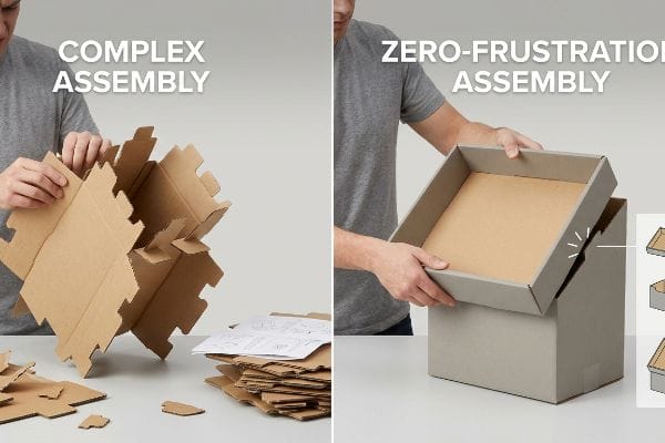 Brown cardboard box with complex assembly tabs contrasted with a grey box featuring Zero-Frustration Assembly using pre-glued modular trays.