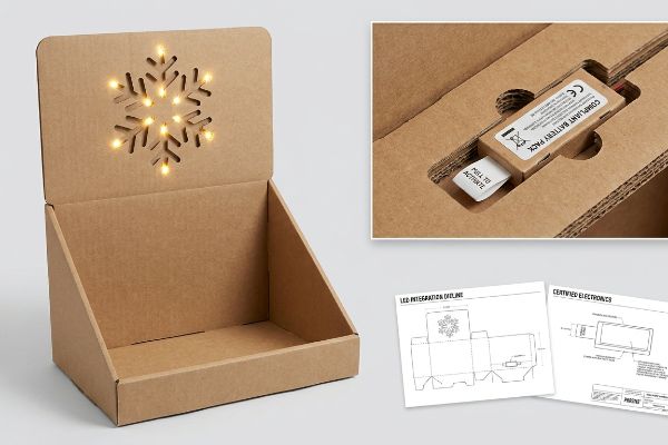 Kraft corrugated display with illuminated LED snowflake, showing a Compliant Battery Pack and LED Integration Outline.
