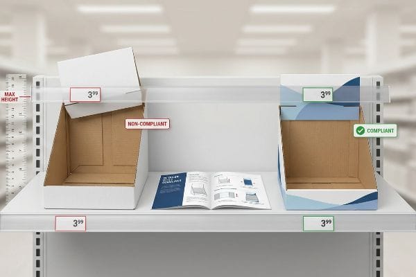 A white cardboard display box marked