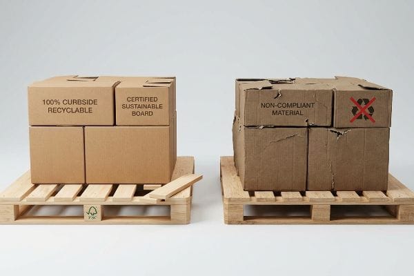 Certified sustainable corrugated boxes on an FSC wood pallet contrast with damaged non-compliant material boxes featuring a crossed-out recycling symbol.