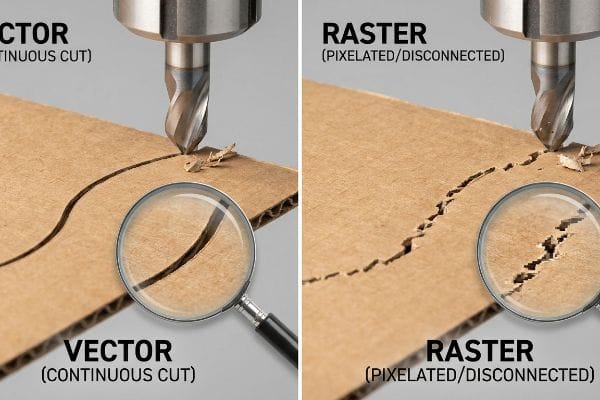 A CNC machine cuts corrugated cardboard, showing a smooth Vector (Continuous Cut) contrasted with a jagged Raster (Pixelated/Disconnected) cut.