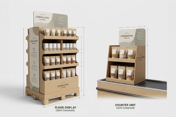 Kraft paperboard Cornnative floor display (GMA Compliant) on pallet and ADA compliant counter unit with product pouches.