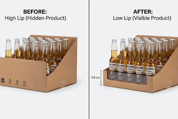 Las bandejas de cartón marrón muestran cómo se ocultan las botellas de Corona Extra con el borde elevado, en comparación con el borde bajo, que deja ver el producto, con una altura de borde de 3,8 cm.