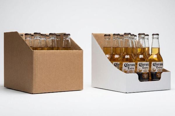 Brown corrugated cardboard PDQ display and white die-cut display showcasing Corona Extra beer bottles with enhanced product visibility.