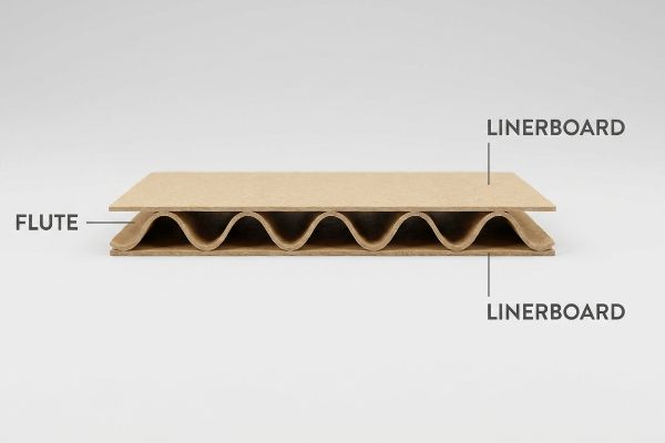 A secção transversal detalhada do cartão ondulado mostra a camada ondulada Flute entre duas folhas planas de Linerboard.