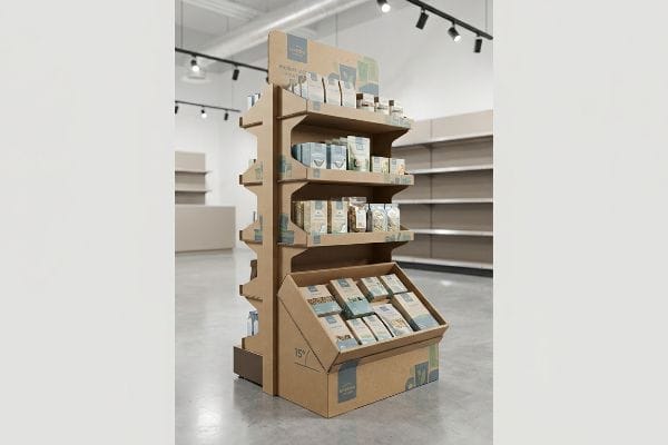 Corrugated cardboard floor display featuring a 15-degree Chin-Up angled bottom shelf, showcasing natural product packaging in a retail store.