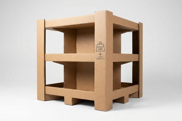 Brown corrugated cardboard display with 2500 LBS Load Capacity icon, showing heavy-duty structural stability for bulk merchandise.