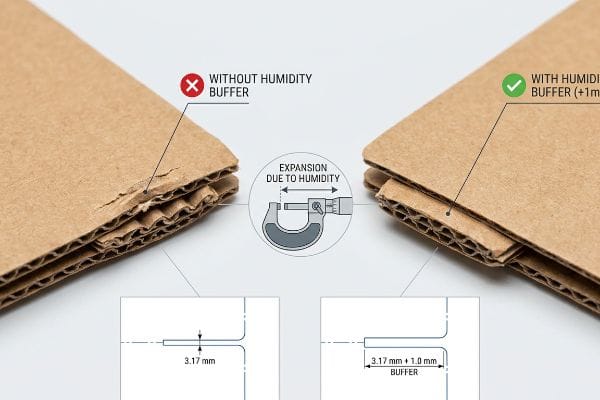 Corrugated paperboard comparison: damaged 3.17 mm slot without Humidity Buffer vs. intact slot with 1.0 mm buffer, preventing expansion.