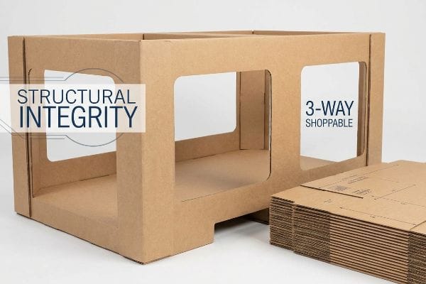 Brown corrugated cardboard 3-Way Shoppable display with windowed structural supports, labeled 'Structural Integrity', beside flat-packed units.