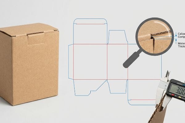 Caja plegable de cartón corrugado marrón, plantilla troquelada y calibrador digital que mide un espesor de material de 3,00 mm, lo que ilustra la compensación del calibrador.