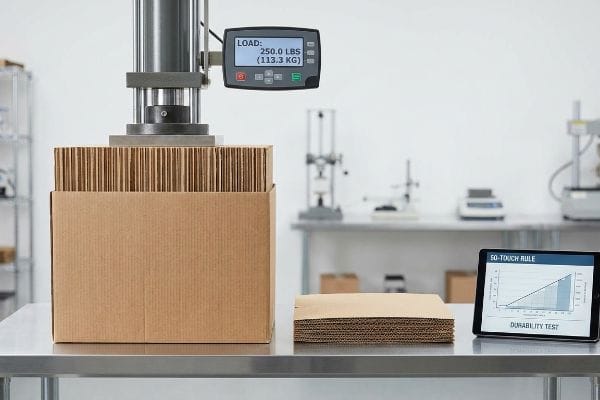 Corrugated cardboard under hydraulic press with a Load of 250.0 Lbs (113.3 Kg) for a 50-Touch Rule Durability Test.