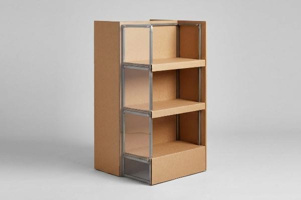 Brown corrugated cardboard display with three shelves, featuring clear acrylic panels and steel frame on the left, a hybrid retail fixture.