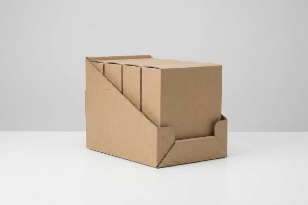 Brown corrugated cardboard PDQ display tray filled with smaller retail product boxes, designed for quick counter placement.