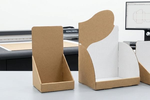 Brown corrugated point-of-sale displays, one rectangular and one with an asymmetrical die-cut curved header, next to a Kongsberg digital cutter.