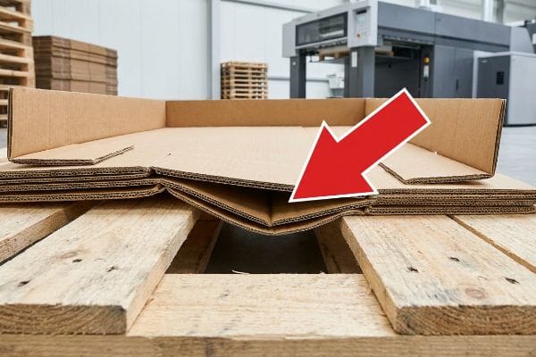Corrugated display base sagging into wooden pallet gaps, showing unsupported flutes and structural compression loss.