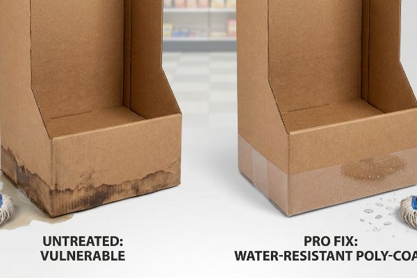 Vitrinas de cartón corrugado marrón, una sin tratar: vulnerable a los daños por agua, la otra Pro Fix: revestimiento de polietileno resistente al agua que repele la humedad de la limpieza diaria.