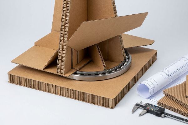 Brown corrugated cardboard structure with a metal lazy Susan ball-bearing mechanism, honeycomb base, digital caliper, and rolled blueprints.