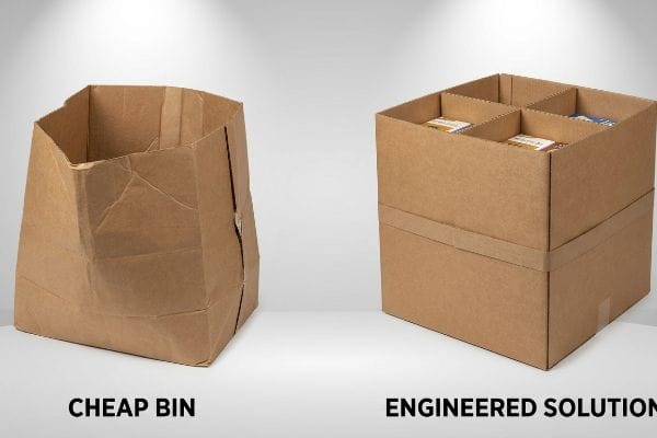 Brown corrugated cardboard comparison: crumpled Cheap Bin vs. sturdy Engineered Solution with internal dividers and belly band.