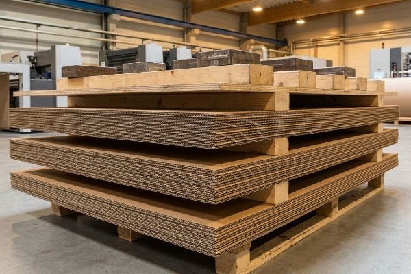 Stacked heavy-duty corrugated board sheets on wooden pallets, weighted for curing after litho-lamination on a factory floor.
