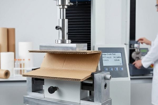Corrugated cardboard sample undergoing an Edge Crush Test, displaying an ECT Value of 34.2 kN/m and a Force of 5.6 kN.