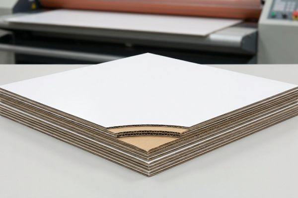 Multi-layered white-faced corrugated cardboard sheets with visible fluting, ready for display board lamination.