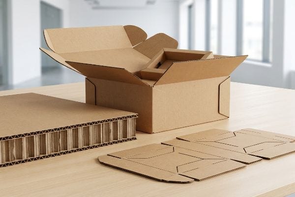Engineered corrugated cardboard packaging, featuring an open box with protective inserts, flat die-cut components, and a thick stack revealing its structural fluting.