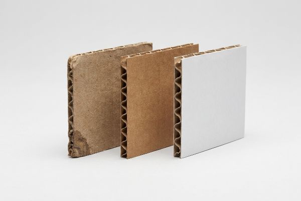 Três amostras distintas de papelão ondulado, mostrando revestimentos de papel reciclado (testliner), papel kraft virgem e papel branco com ondulação visível.