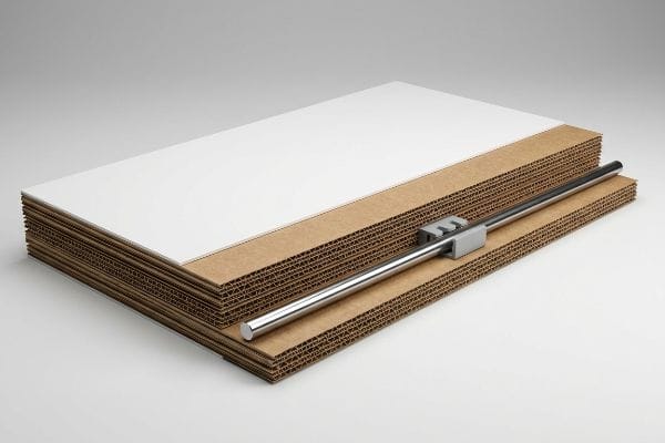 A stack of corrugated cardboard sheets with a white laminated top layer and a steel support bar secured by a plastic clip, illustrating endcap display materials.