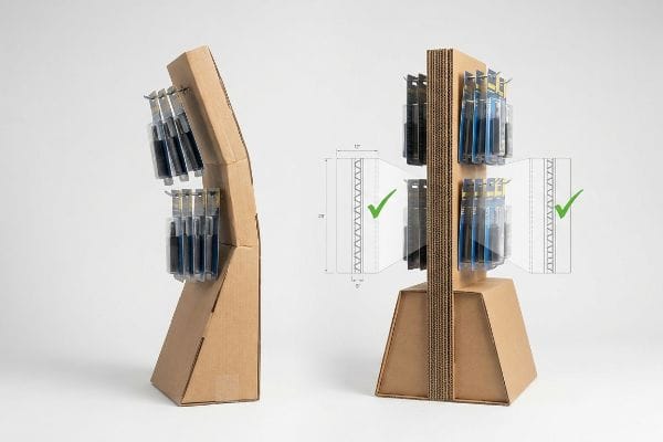 Corrugated cardboard display stands with double-layer spine and trapezoidal base, featuring technical diagrams for structural support.