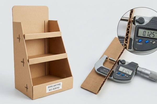 Brown corrugated cardboard display stand with a Sedex Certified Bsci Audited label, next to a digital micrometer measuring 0.125-inch board thickness.
