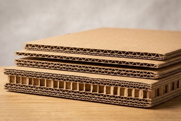 Stacked brown corrugated board types, highlighting single and double-wall constructions with distinct flute profiles, on a wooden surface.