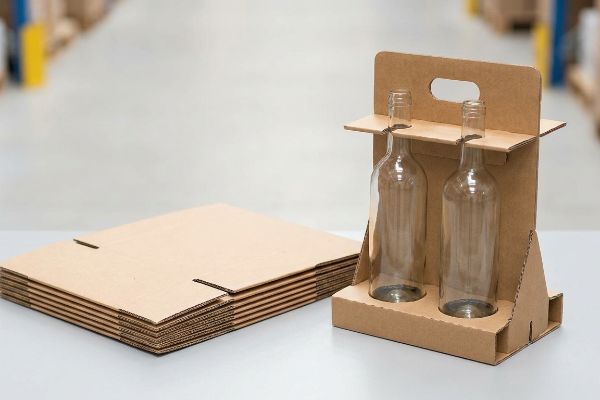 An assembled corrugated bottle carrier holds two empty glass bottles, alongside a stack of flat-packed sustainable wine packaging.