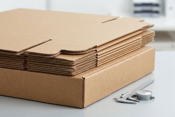 Precision die-cut flat-packed corrugated cardboard boxes made from virgin kraft paper, with a caliper tool for quality measurement.