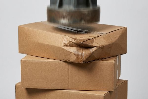 Un objet lourd écrase la boîte supérieure en carton ondulé brun d'une pile, provoquant des dommages structurels visibles et une absorption d'humidité.