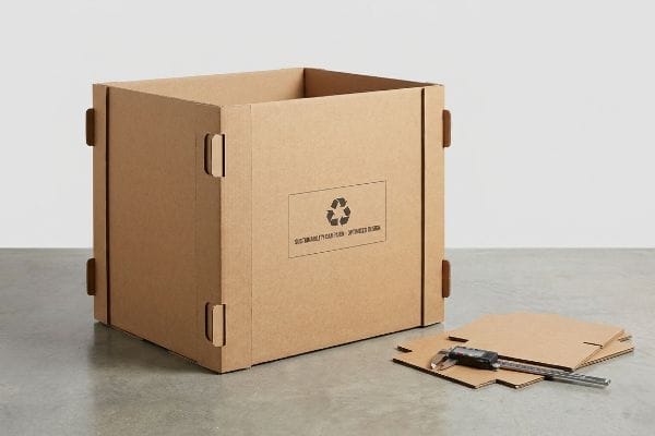 Brown corrugated recycling bin with interlocking tabs, featuring a 'Sustainability Can Plus Optimized Design' label, beside flat cardboard and a digital caliper.