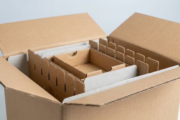يكشف صندوق الشحن المصنوع من الكرتون المموج المفتوح عن فواصل داخلية مخصصة وصواني متداخلة، مصممة كحواجز للمنتجات وحشوات لضمان النقل الآمن.