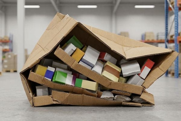 Severely collapsed corrugated cardboard box, its structural flutes buckled, spilling colorful product boxes in a warehouse.