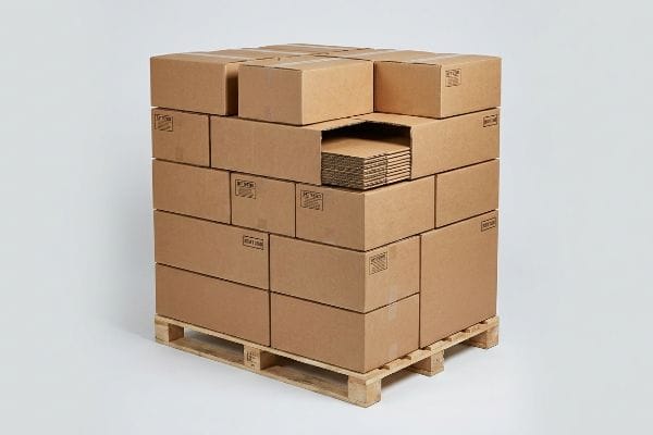Brown corrugated boxes stacked on a wooden GMA pallet, one box open revealing flat unassembled cardboard sheets.