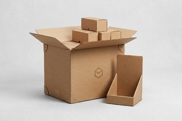 Sobre un fondo claro, una gran caja abierta de cartón corrugado contiene cajas más pequeñas, junto a un mostrador de venta al público.
